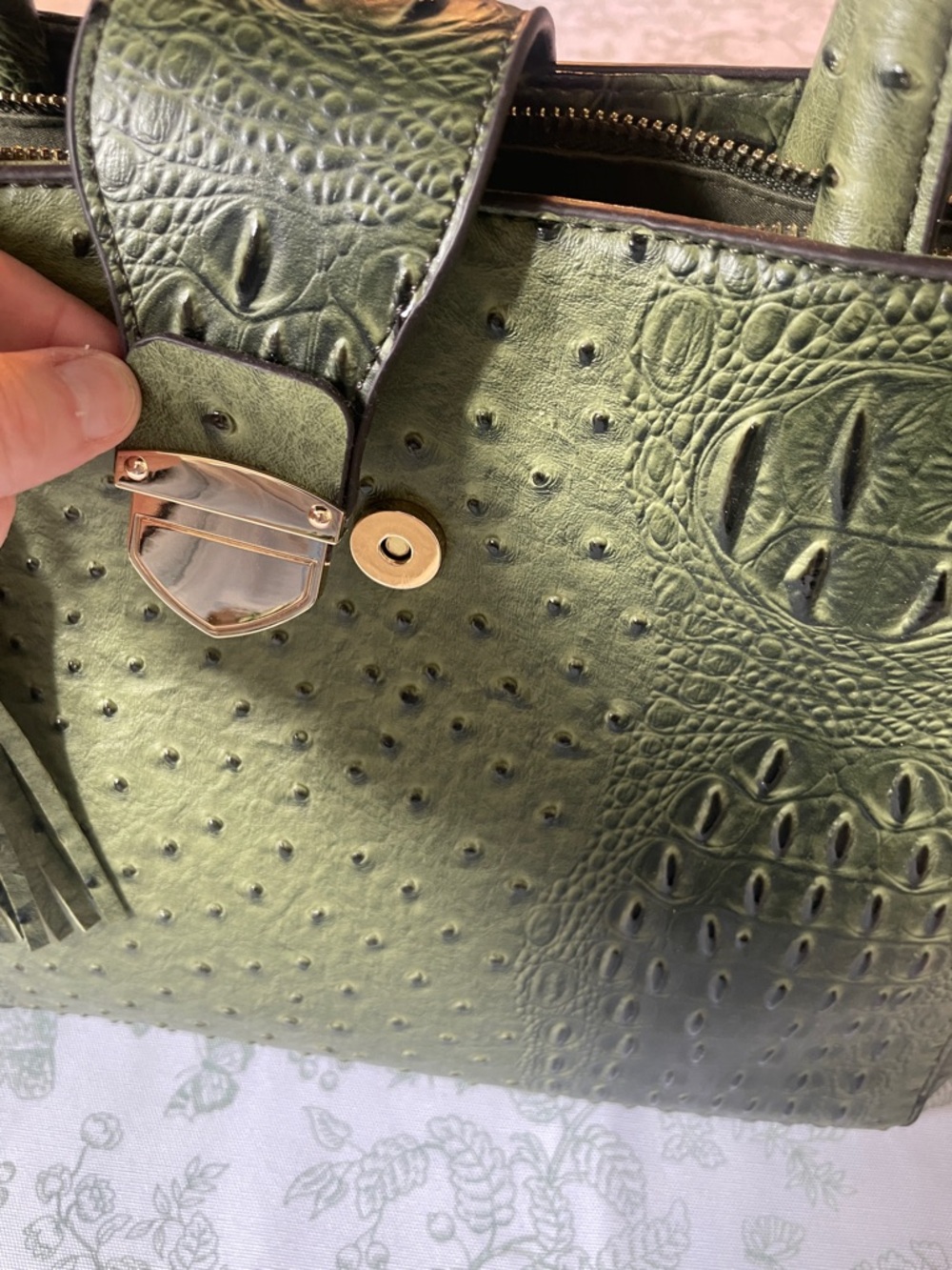Olive Croc-Embossed Satchel Handbag - Picture 2 of 14